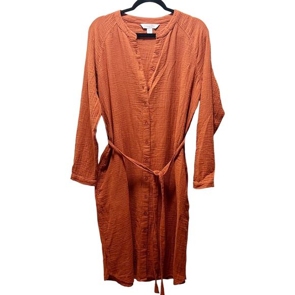 Coldwater Creek rust Orange Button Front Tie Waist Midi Dress Size Medium Fall - Picture 1 of 8